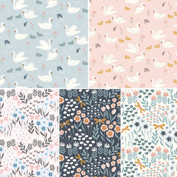 Flannel Little Swan Fabric Collection by Riley Blake Fabric By The Yard 100% Premium Cotton swans floral garden lake dragonflies