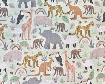 Jungle Baby Friends on Mint Fabric By The Yard 100% Premium Cotton by Paintbrush Studio elephant cheetah giraffe lion monkey