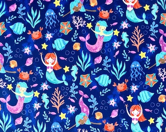 Mermaids 44 inch 100% Cotton Fabric One-Yard Precut, Blue, Size: 1 Yard x 44