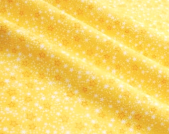 May include: Yellow fabric with a white star pattern. The fabric has a subtle sheen and a soft texture.