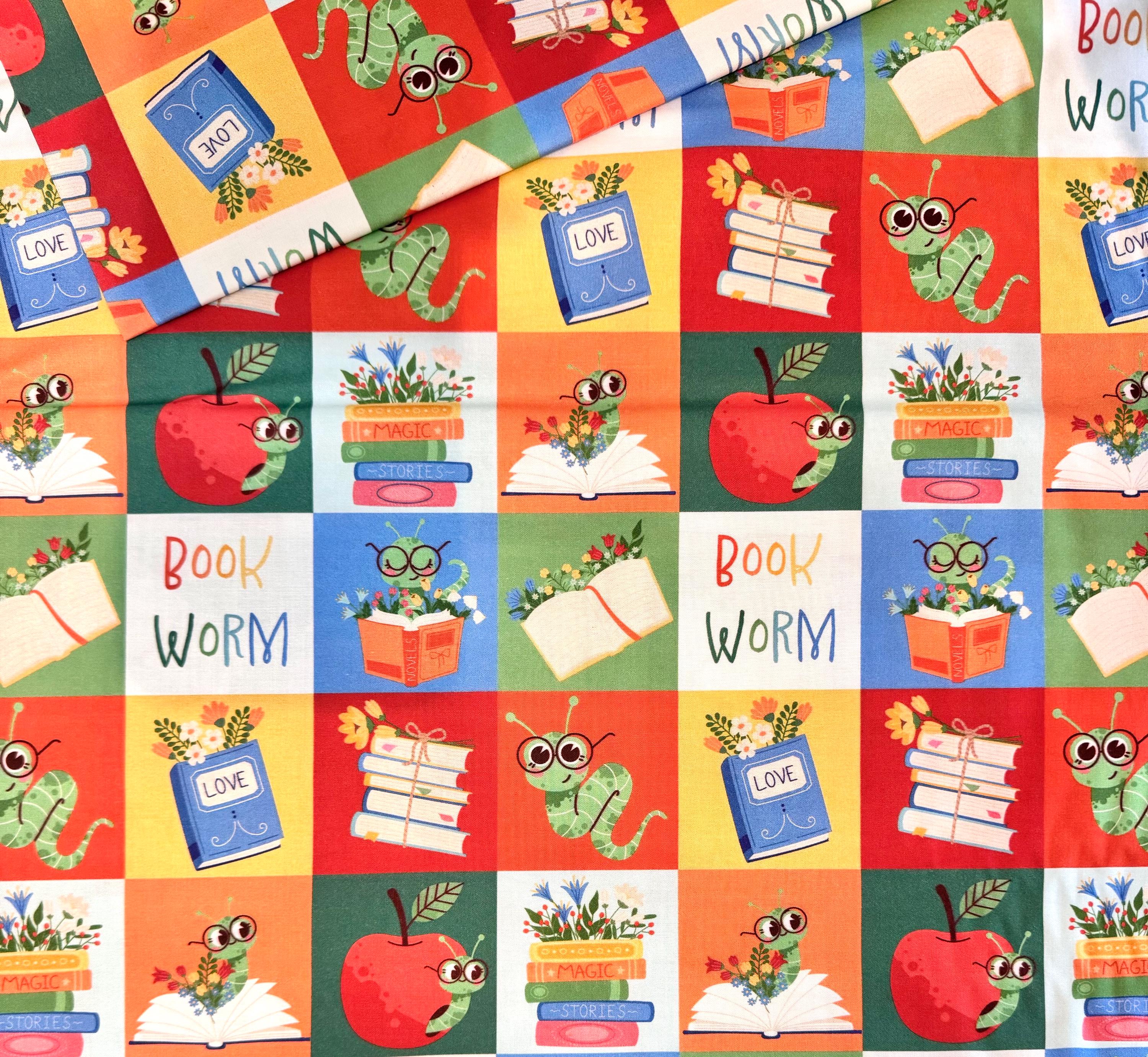 Bookworm Quilt Block Fabric by the Yard 100% Premium Cotton “book Worm ...
