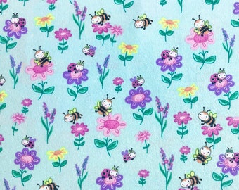 Flannel Bees and Ladybugs on Blue Fabric By The Yard 100% Cotton by A.E. Nathan flowers daisies floral bee