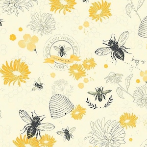 Bees And Flowers Green Organic Premium Cotton Fabric