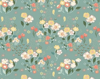 New Beginnings Floral Garden Teal Fabric By The Yard 100% Premium Cotton by Riley Blake Flower Clusters Flowers spring summer wildflowers