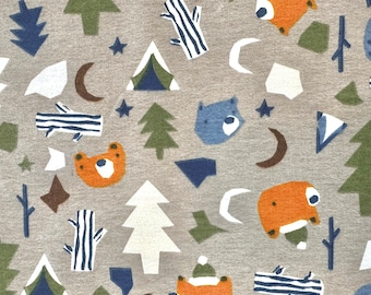 Tossed Camp Bears on Greige Flannel Fabric By The Yard 100% Cotton Forest Friends Camping trees wilderness outdoors baby bear