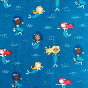 Swimming Mermaids on Teal Fabric By The Yard 100% Cotton mermaid Swim Water Ocean under the sea diverse children’s fabric