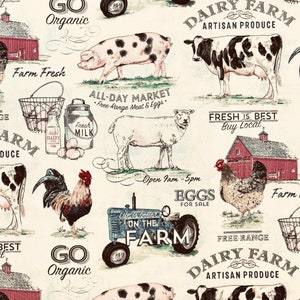Farmer’s Market Fabric By The Yard or Half Yards 100% Cotton Farm Fresh Buy Local Go Organic Dairy Cow Sheep milk eggs cream red blue