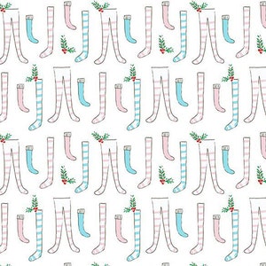 May include: A seamless pattern featuring a variety of striped socks in pink and blue with a white background. The socks are decorated with sprigs of holly.