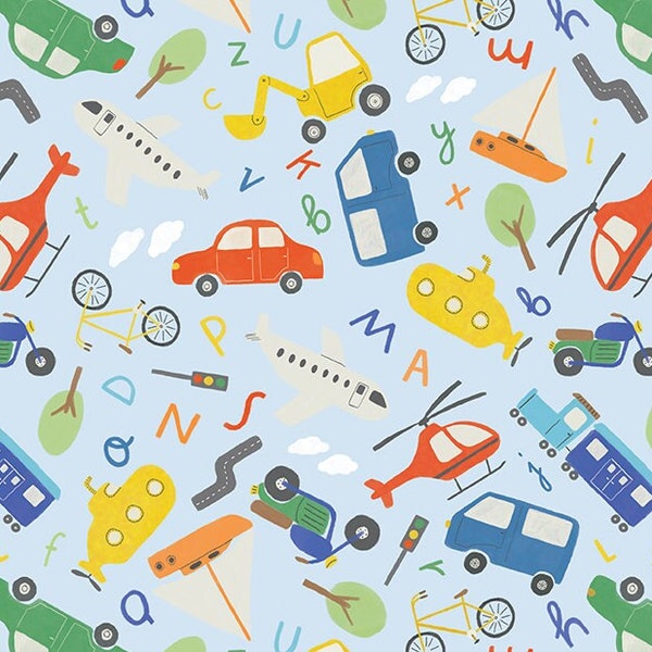 Vehicles on Blue Flannel Fabric By The Yard by Riley Blake Planes Trains Submarines Boats Automobiles Cars Trucks Bikes helicopters