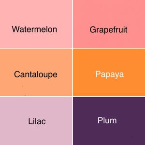 Puede incluir: Una paleta de colores con seis muestras de colores s&oacute;lidos. Los colores son Watermelon, Grapefruit, Cantaloupe, Papaya, Lilac y Plum. Cada color est&aacute; etiquetado con su nombre en una fuente limpia y sans-serif.