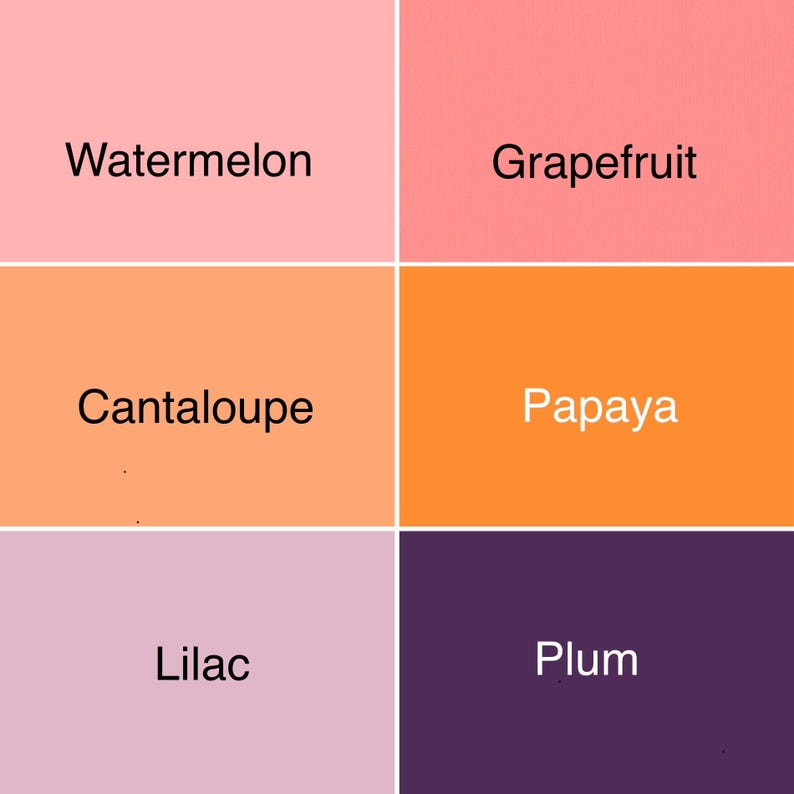 Puede incluir: Una paleta de colores con seis muestras de colores s&oacute;lidos. Los colores son Watermelon, Grapefruit, Cantaloupe, Papaya, Lilac y Plum. Cada color est&aacute; etiquetado con su nombre en una fuente limpia y sans-serif.