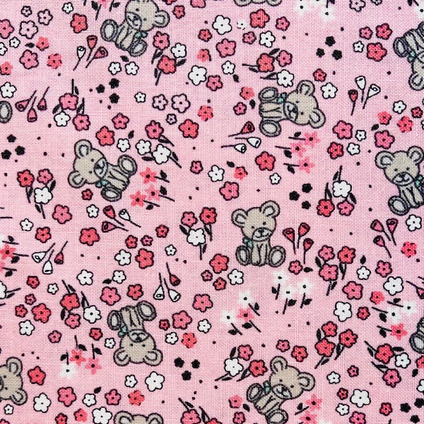 Sleep Tight Mini Bears Fabric By The Yard or Half Yards 100% Premium Cotton Gray Pink Spring Floral Tiny Flowers by Riley Blake