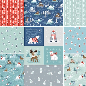 May include: A digital collage of nine different patterns featuring winter animals and holiday designs. The patterns include polar bears, penguins, reindeer, and snowflakes in shades of blue, red, white, and gray.