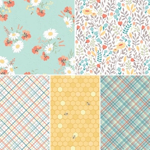 May include: A digital paper pack with six different patterns. The patterns include a floral design with daisies and red flowers, a floral design with small flowers and leaves, a plaid pattern with blue, pink, and white stripes, a honeycomb pattern with bees, and two plaid patterns with blue, pink, and white stripes.