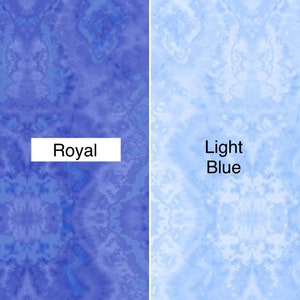 May include: Two fabric swatches, one a deep blue with a marbled pattern labelled "Royal" and the other a light blue with a marbled pattern labelled "Light Blue".