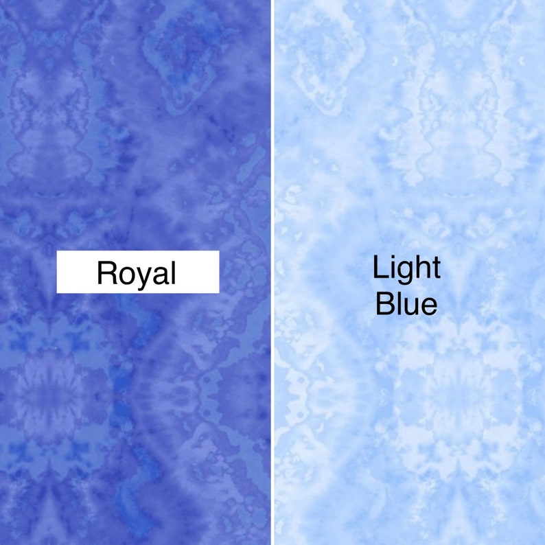 May include: Two fabric swatches, one a deep blue with a marbled pattern labelled "Royal" and the other a light blue with a marbled pattern labelled "Light Blue".