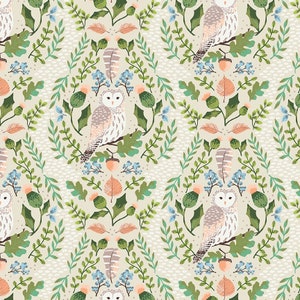 May include: A seamless pattern featuring white owls with brown and pink markings perched on branches surrounded by green leaves, blue flowers, and brown acorns on a beige background.