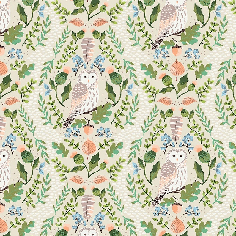 May include: A seamless pattern featuring white owls with brown and pink markings perched on branches surrounded by green leaves, blue flowers, and brown acorns on a beige background.