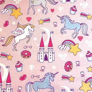 Pastel Unicorns on Pink Flannel Fabric By The Yard 100% Cotton Unbranded Rainbows stars gems lips donuts horses pretty pony cupcakes flowers