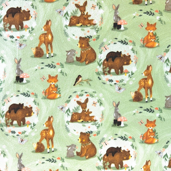 Picture Perfect Flannel Fabric by the Yard 100% Cotton “Baby in Bloom” by 3 Wishes forest woodland animals bunnies deer fox hedgehog bear