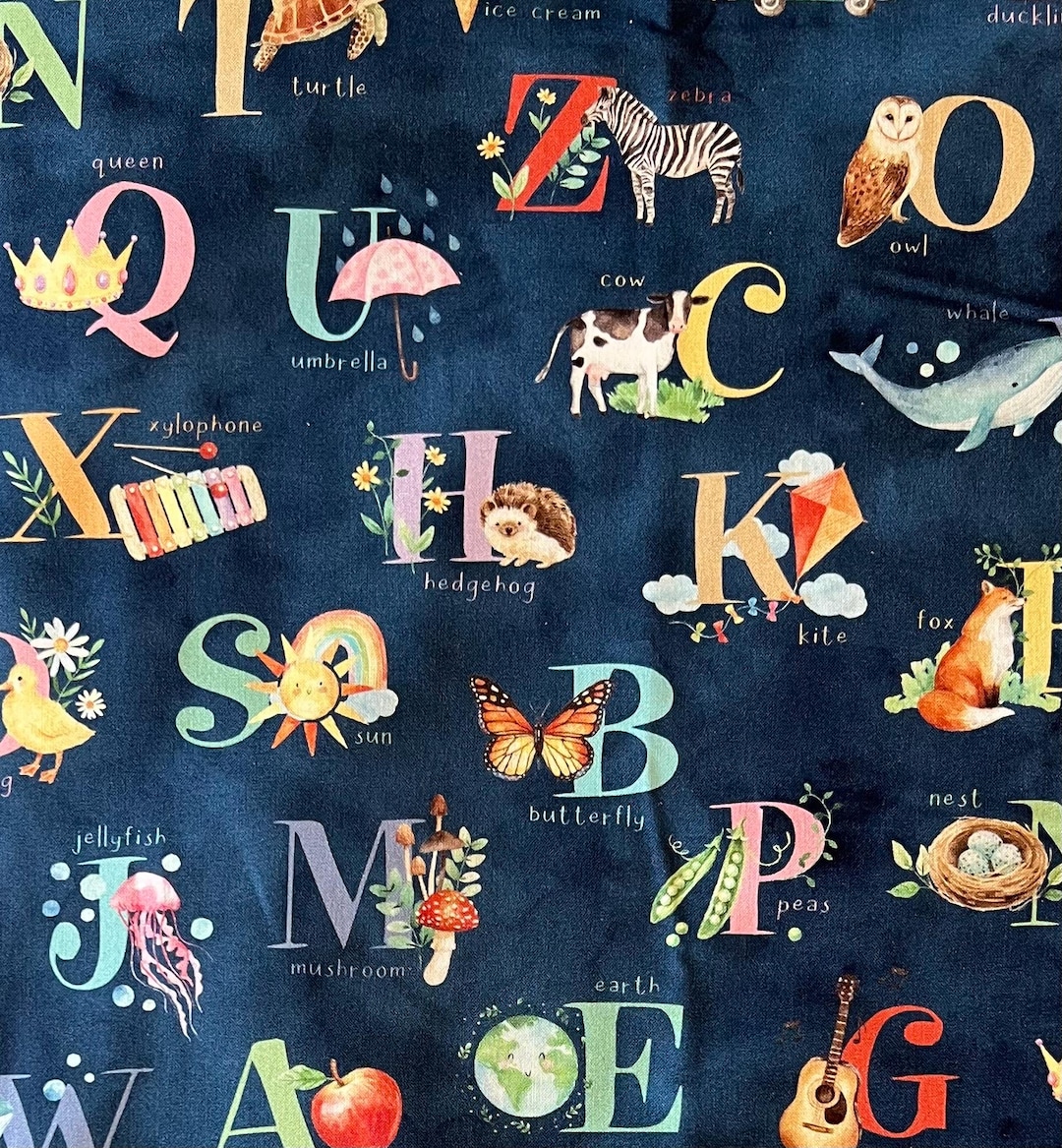 Alphabet on Navy Blue Fabric by the Yard 100% Cotton “love and Learning ...