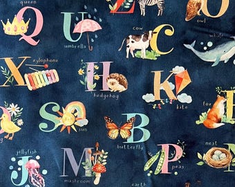 Alphabet on Navy Blue fabric by the yard 100% Cotton “Love and Learning” by Hoffman Fabrics ABC’s back to school I Spy animals