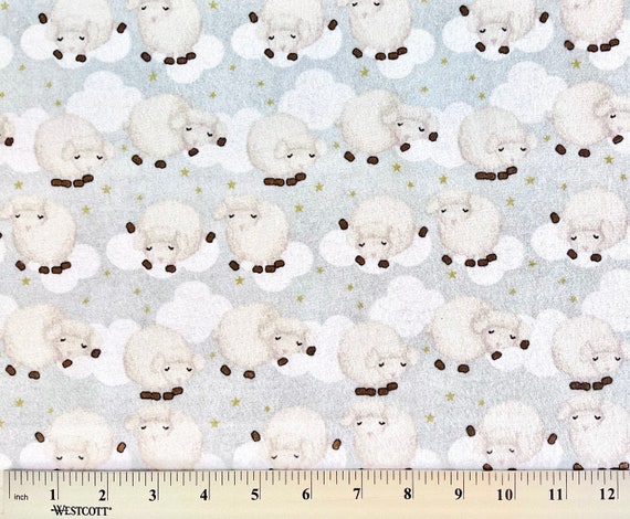 Sleeping Sheep on Clouds Flannel Fabric by the Yard or Half Yards 100%  Cotton Ewes Counting Gold Stars Gray by A.E. Nathan Gender Neutral 