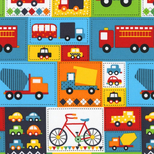 Robert Kaufman Transportation Blocks Fabric by the Yard 100% Cotton Cars Trucks Construction