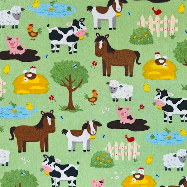 Animals on the Farm Fabric by The Yard 100% Cotton Farming Countryside cows pigs sheep ducks horses chickens goats