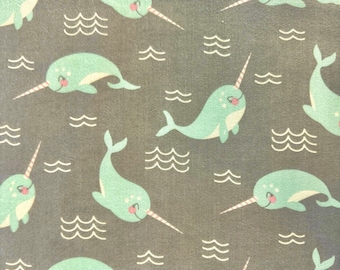 Robert Kaufman Narwhals on Gray Flannel Fabric By The Yard 100% Cotton “Snow Snuggles” Christmas Holiday Winter Penguin Wishwell
