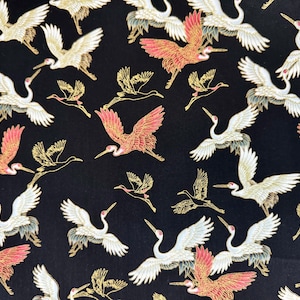 Kyoto Garden Flying Crane Fabric By The Yard 100% Premium Cotton by Chong A Hwang for Timeless Treasures black gold metallic birds in flight