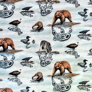 May include: A fabric pattern featuring a repeating motif of brown bears, wolves, bald eagles, and loons interspersed with black and white stylized animal illustrations on a light blue and white background with water-like textures.