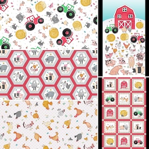 Hay Day Farm Animals fabric collection 100% Premium Cotton by Kate Mawdsley for Henry Glass panel block baby pigs cows chicken sheep tractor