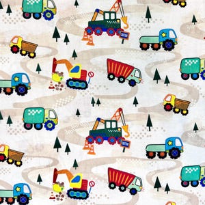 Robert Kaufman Construction Trucks on White Fabric By The Yard 100% Cotton vehicles Excavator Bulldozer crane cement dump truck roadwork