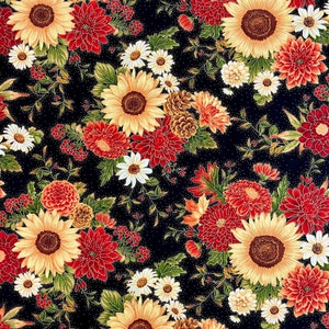 Harvest Floral on Black By Hi-Fashion Fabrics Fabric By The Yard 100% Cotton Metallic Gold Dots Sunflowers Daisies Mums Flowers Autumn Fall