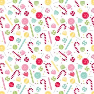 May include: A repeating pattern of colorful candies on a white background. The design includes red and white striped candy canes, spiral lollipops, and various other sweets in shades of pink, green, yellow, and blue. Small dots of color are scattered throughout.