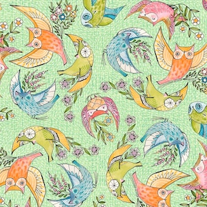Well Owl Be… Owls on Green Fabric by The Yard 100% Premium Cotton by Cori Dantini for Free Spirit colorful whimsical floral birds in flight