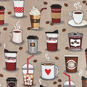 Coffee Cups on Tan Fabric By The Yard or Half Yards 100% Cotton Espresso Macchiato Cappuccino Latte brew cup joe by Fabric Traditions