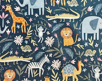Safari Animals on Teal Fabric By The Yard 100% Cotton wild jungle zoo animal lions elephants giraffes zebras monkeys “Animal Kingdom”