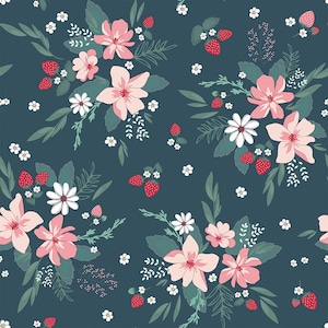 Flowers and Strawberries on Stargazer (Navy) Fabric By The Yard 100% Premium Cotton “Berry Market” by Riley Blake floral strawberry garden