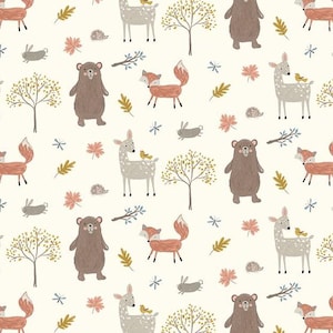 Woodland Creatures on Cream Flannel Fabric By The Yard 100% Cotton by Riley Blake Forest Animals bear deer foxes birds trees nature
