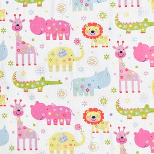 Sweet Safari Animals Flannel Fabric By The Yard 100% Cotton by elephants lions giraffes alligators hippos floral flowers pastel