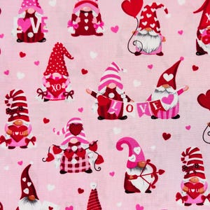 Valentine Gnomes on Pink Fabric by the Yard 100% Cotton Valentine’s Day Romance Anniversary red pink hearts