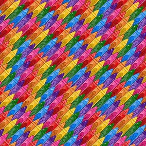 May include: A colorful pattern of crayons arranged diagonally. Each crayon is labeled with a color name, including red, orange, yellow, green, blue, purple, and pink. The design creates a vibrant, eye-catching effect.