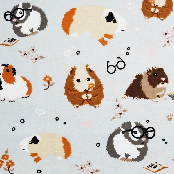 Guinea Pigs on Gray Flannel Fabric By The Yard Half Yards 100% Cotton cute animals pig hamster rodent pet wearing glasses flowers hearts