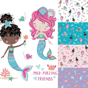 Mer-mazing Friends Mermaid Fabric Collection Riley Blake By The Yard 100% Premium Cotton mermazing dolphins sea creatures shells