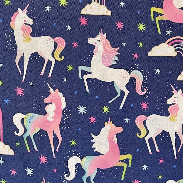 Unicorns & Rainbows on Navy Fabric By The Yard 100% Cotton unicorn stars sky blue green pink girls