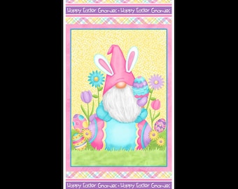 Hoppy Easter Gnomies 24” Quilt Panel 100% Premium Cotton Fabric by Shelly Comiskey for Henry Glass bunny gnome floral plaid Spring eggs
