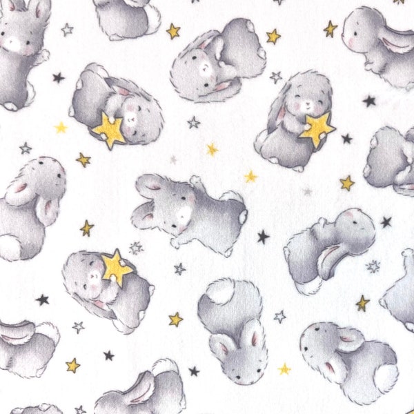 Bunnies by the Bay Softie Minky Fabric by the Yard 58” Wide Single-Sided Plush Fleece Happy Bunny Moon Twinkle Stars by Timeless Treasures