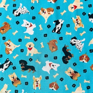 Tossed Pups on Teal Fabric By The Yard 100% Cotton by Timeless Treasures Dogs pets cute puppies bandana paws bones